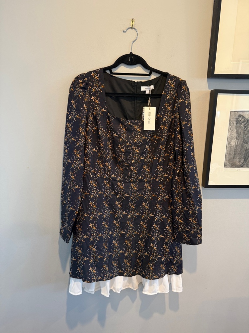 RIHOAS Navy Floral Long-Sleeve Mini Dress with White Ruffle Hem